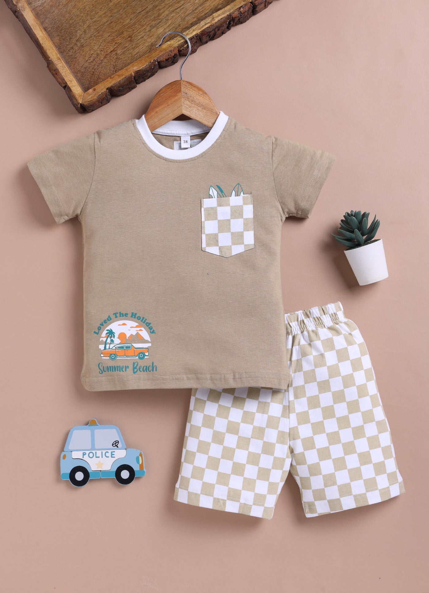 LIL KNOTS Printed Pure Cotton Boy Round Neck Top Bottom Set Sky Blue White, Camel White