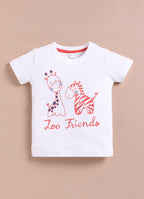 LIL KNOTS Printed Pure Cotton Boy Round Neck Top Bottom Set White Coral
