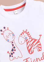 LIL KNOTS Printed Pure Cotton Boy Round Neck Top Bottom Set White Coral