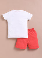 LIL KNOTS Printed Pure Cotton Boy Round Neck Top Bottom Set White Coral