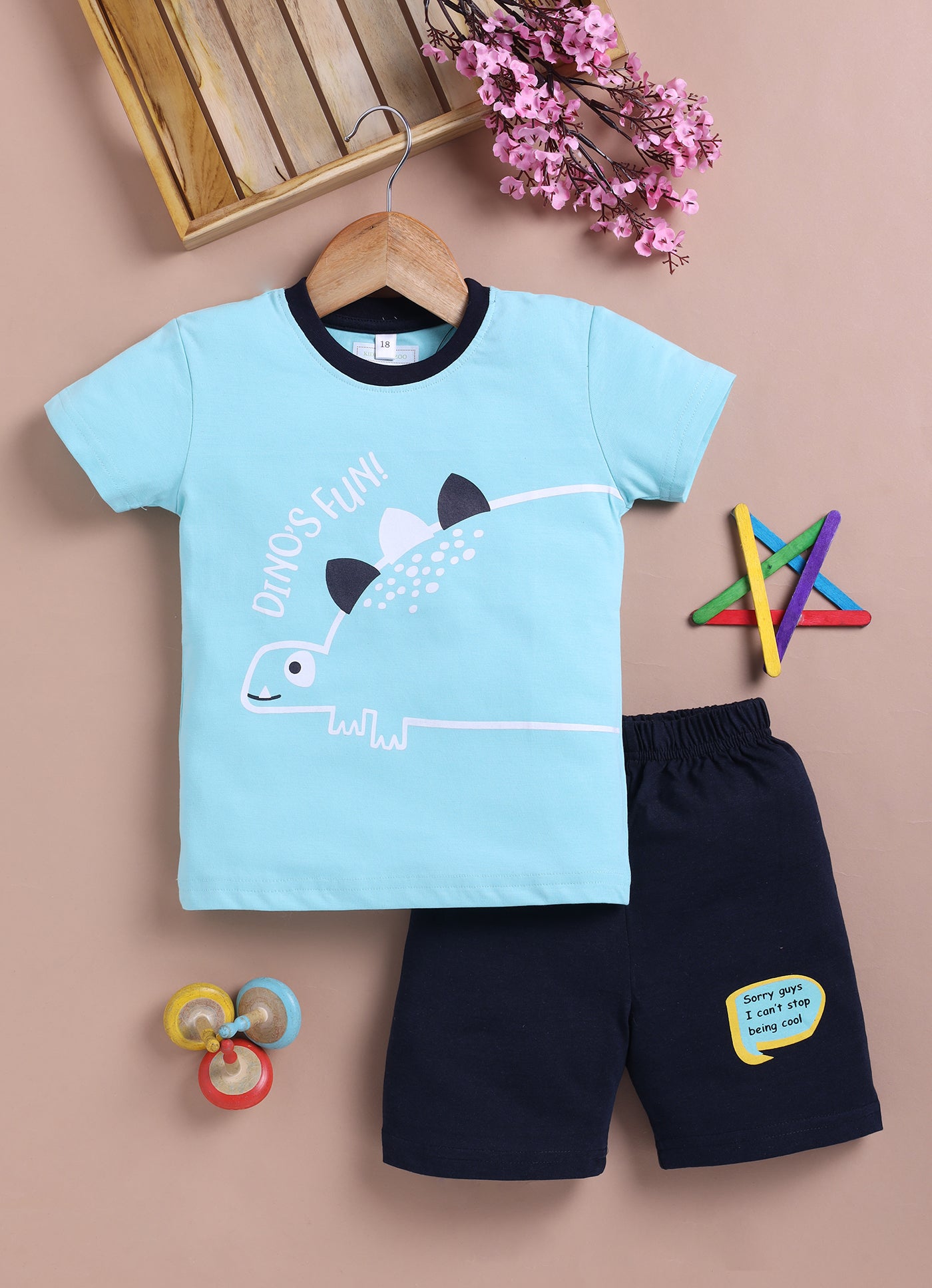 LIL KNOTS Printed Pure Cotton Boy Round Neck Top Bottom Set