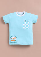 LIL KNOTS Printed Pure Cotton Boy Round Neck Top Bottom Set Sky Blue White, Camel White