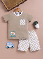 LIL KNOTS Printed Pure Cotton Boy Round Neck Top Bottom Set Sky Blue White, Camel White