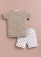 LIL KNOTS Printed Pure Cotton Boy Round Neck Top Bottom Set Sky Blue White, Camel White