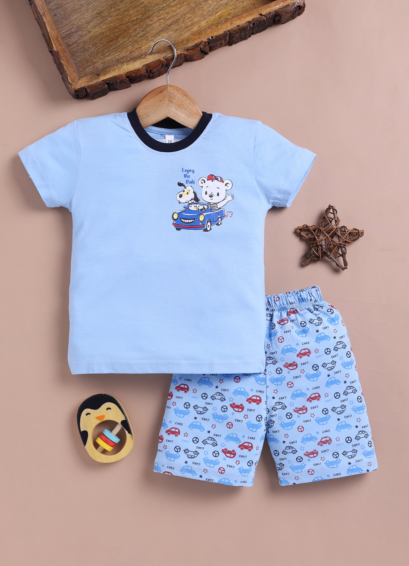 LIL KNOTS Printed Pure Cotton Boy Round Neck Top Bottom Set