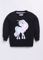 LIL KNOTS Printed Pure Cotton Girl Round Neck Sweatshirt Black