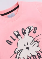 LIL KNOTS Printed Pure Cotton Girl Round Neck Sweatshirt Pink