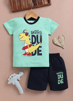 LIL KNOTS Printed Pure Cotton Boy Round Neck Top Bottom Set L.Yellow/Black,L.Green/Black