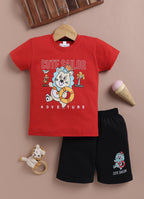 LIL KNOTS Printed Pure Cotton Boy Round Neck Top Bottom Set Red/black, Gold/black