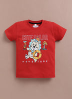 LIL KNOTS Printed Pure Cotton Boy Round Neck Top Bottom Set Red/black, Gold/black