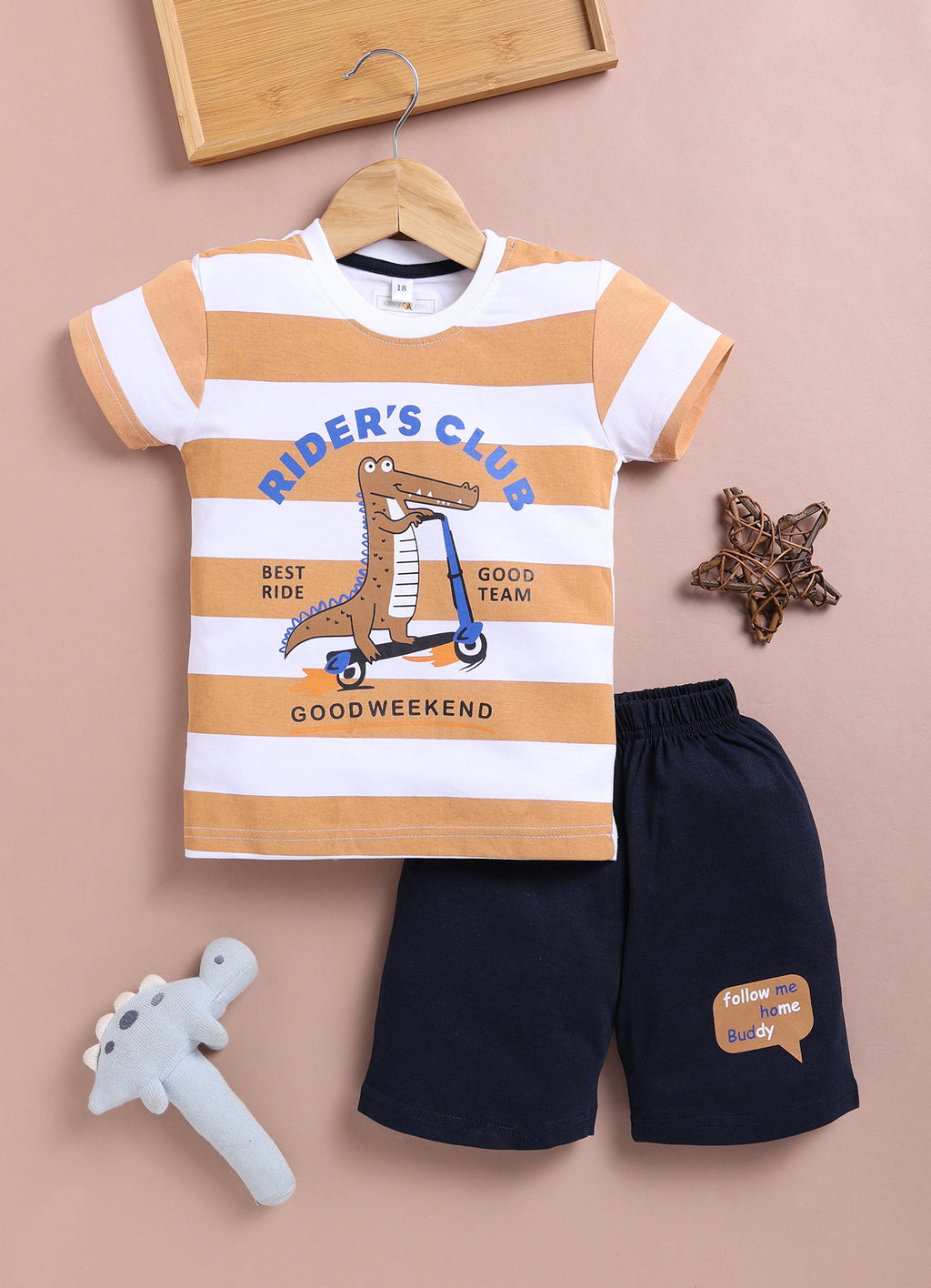 LIL KNOTS Printed Pure Cotton Boy Round Neck Top Bottom Set
