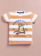 LIL KNOTS Printed Pure Cotton Boy Round Neck Top Bottom Set Ochre Yellow/Black, Sky Blue/Red
