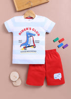LIL KNOTS Printed Pure Cotton Boy Round Neck Top Bottom Set Ochre Yellow/Black, Sky Blue/Red