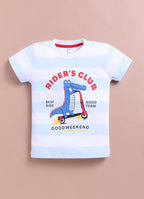 LIL KNOTS Printed Pure Cotton Boy Round Neck Top Bottom Set Ochre Yellow/Black, Sky Blue/Red