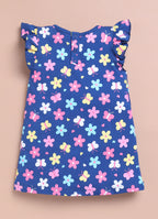 LIL KNOTS Printed Pure Cotton Girl Round Neck Frock Teal Blue