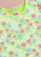 LIL KNOTS Printed Pure Cotton Girl Round Neck Frock Green