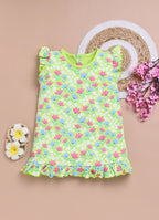 LIL KNOTS Printed Pure Cotton Girl Round Neck Frock Green