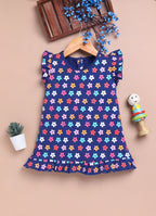 LIL KNOTS Printed Pure Cotton Girl Round Neck Frock Navy Blue