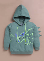 LIL KNOTS Printed Pure Cotton Boy Round Neck Hoodie Green