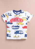 LIL KNOTS Printed Pure Cotton Boy Round Neck Top Bottom Set White