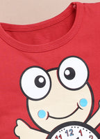 LIL KNOTS Printed Pure Cotton Girl Round Neck Top Bottom Set Red