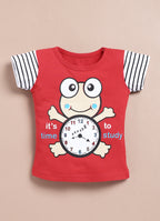 LIL KNOTS Printed Pure Cotton Girl Round Neck Top Bottom Set Red