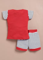 LIL KNOTS Printed Pure Cotton Girl Round Neck Top Bottom Set Red