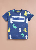 LIL KNOTS Printed Pure Cotton Round Neck Coordinate Set Teal Blue