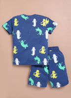 LIL KNOTS Printed Pure Cotton Round Neck Coordinate Set Teal Blue