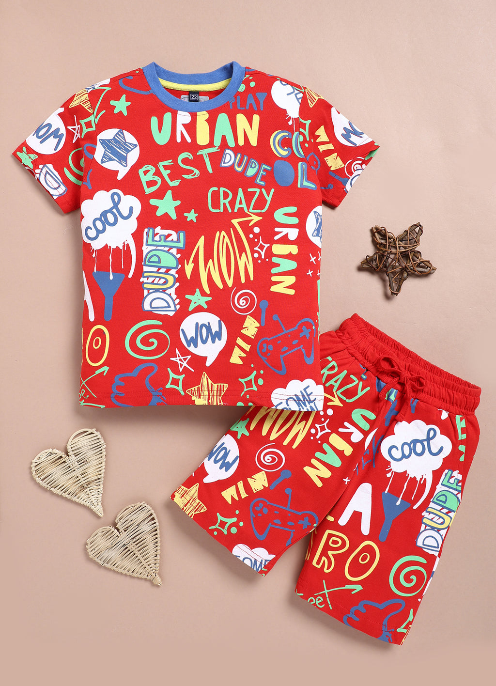 LIL KNOTS Printed Pure Cotton Round Neck Coordinate Set Red