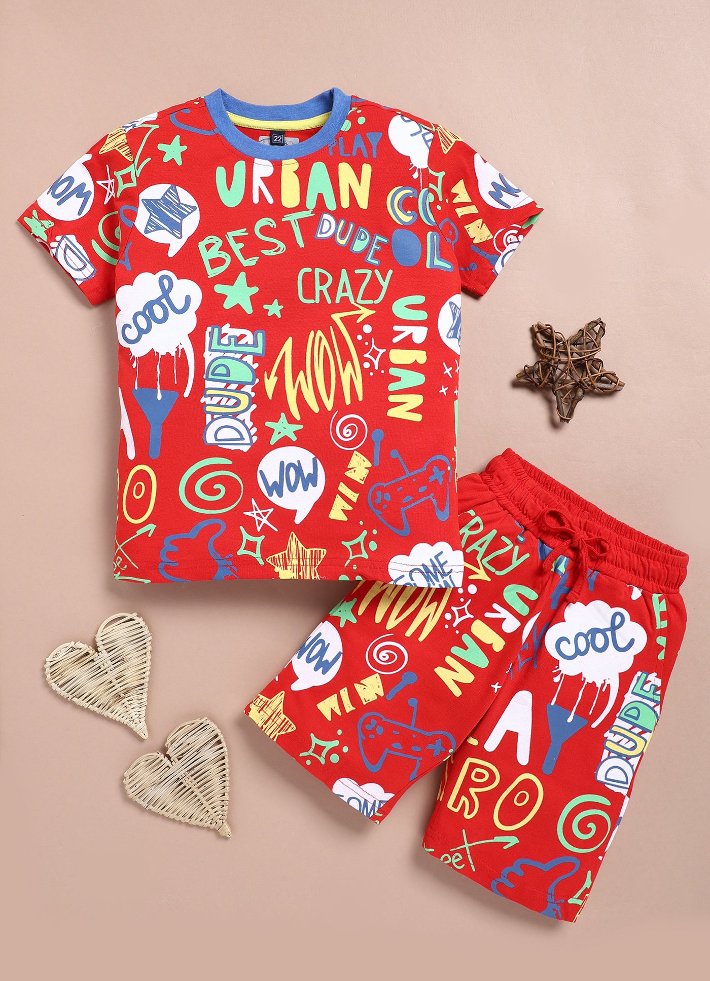 LIL KNOTS Printed Pure Cotton Boy Round Neck Coordinate Set
