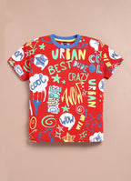 LIL KNOTS Printed Pure Cotton Round Neck Coordinate Set Red