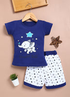 LIL KNOTS Printed Pure Cotton Girl Round Neck Top Bottom Set Navy Blue