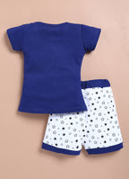 LIL KNOTS Printed Pure Cotton Girl Round Neck Top Bottom Set Navy Blue