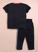 LIL KNOTS Printed Pure Cotton Boy Round Neck Top Bottom Set Navy Blue