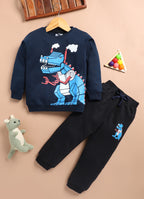 LIL KNOTS Printed Pure Cotton Boy Round Neck Top Bottom Set Navy Blue