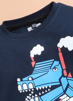 LIL KNOTS Printed Pure Cotton Boy Round Neck Top Bottom Set Navy Blue