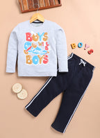 LIL KNOTS Printed Pure Cotton Boy Round Neck Top Bottom Set Grey Melange