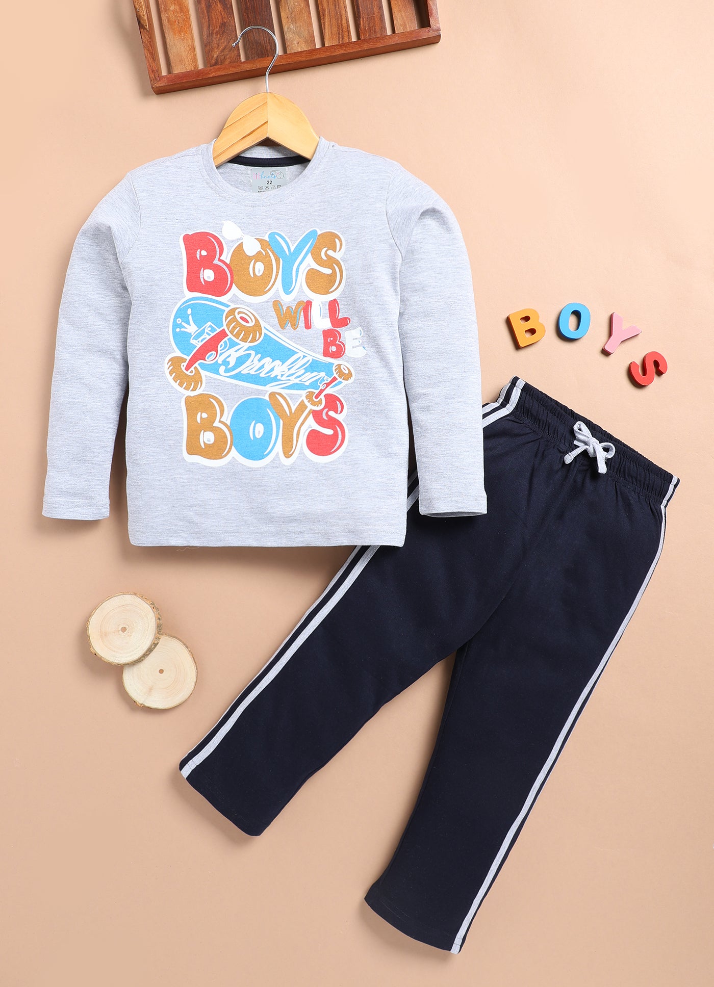 LIL KNOTS Printed Pure Cotton Boy Round Neck Top Bottom Set