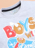 LIL KNOTS Printed Pure Cotton Boy Round Neck Top Bottom Set Grey Melange