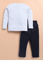 LIL KNOTS Printed Pure Cotton Boy Round Neck Top Bottom Set Grey Melange